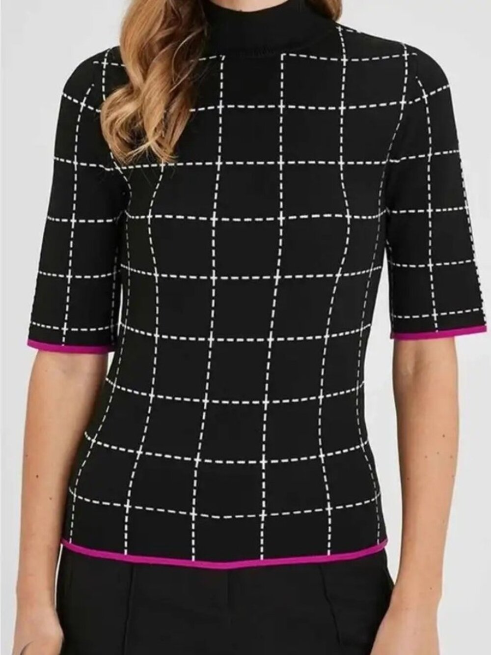 Women's Chic Black Grid Knit Top with Pink Trim